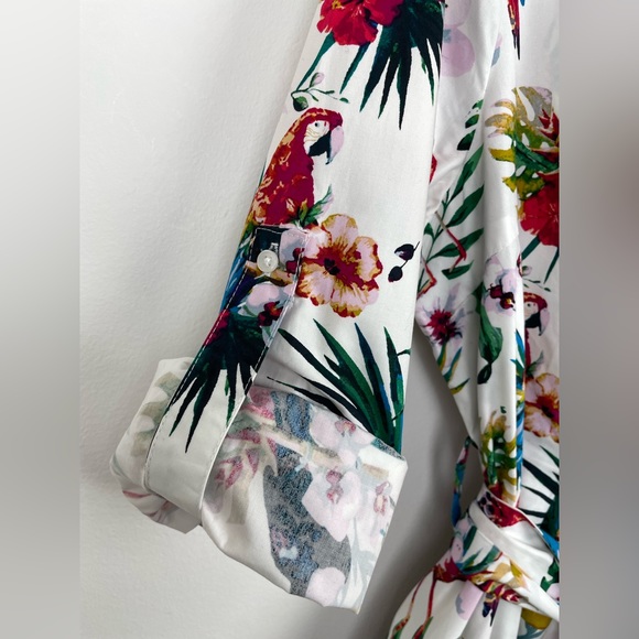Per Una Parrot Print Belted Cotton Shirt Dress Long Midi UK 18 Roll Tab Sleeve - Picture 11 of 13